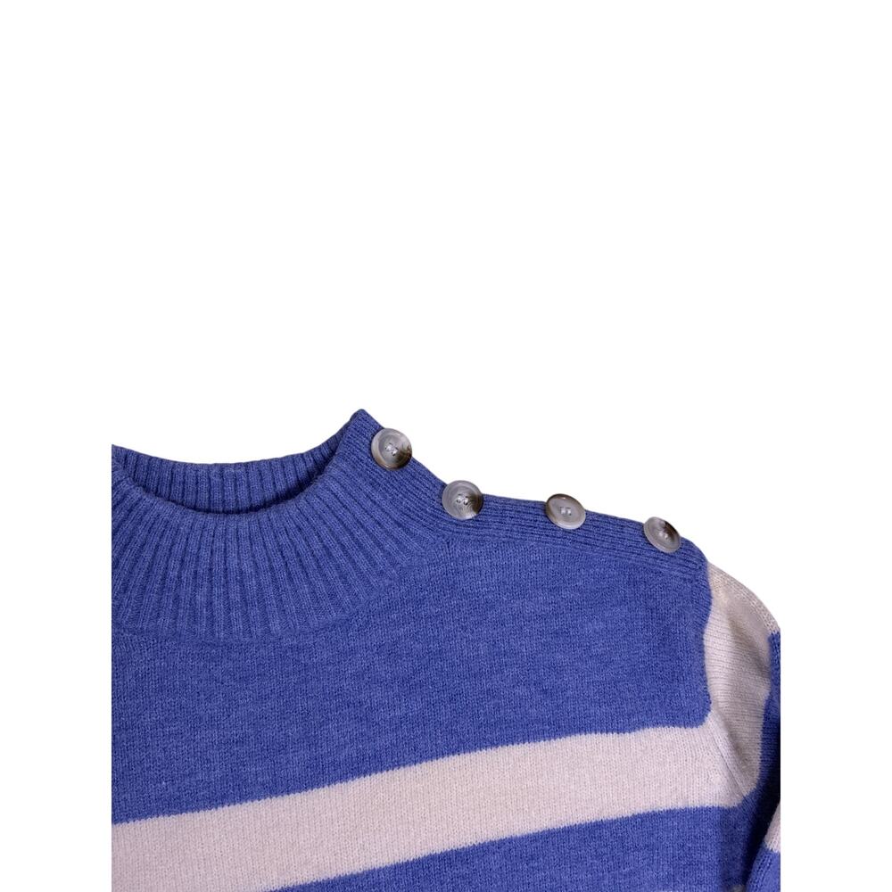 Womens Large Blue Striped Sweater Button Shoulder Old Money Minimalist Knit - Picture 2 of 5